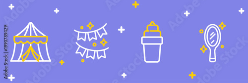 Set line Magic hand mirror, Ice cream in waffle, Carnival garland with flags and Circus tent icon. Vector