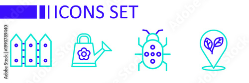Set line Location with leaf, Colorado beetle, Watering can and Garden fence wooden icon. Vector