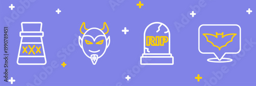 Set line Flying bat, Tombstone with RIP written, Devil head and Bottle potion icon. Vector