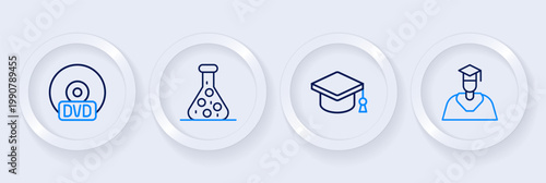 Set line Graduate and graduation cap, Graduation, Test tube and CD or DVD disk icon. Vector