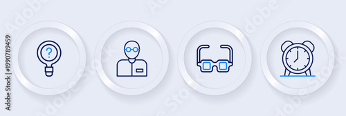 Set line Alarm clock, Glasses, Teacher and Unknown search icon. Vector