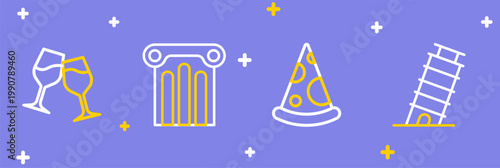 Set line Leaning tower in Pisa, Slice of pizza, Ancient column and Wine glass icon. Vector
