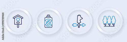 Set line Fruit trees, Rooster weather vane, Spray against insects and Bird house icon. Vector