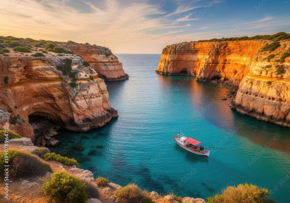 Fototapeta premium Stunning cliffs and boats at a scenic coastal location during sunset