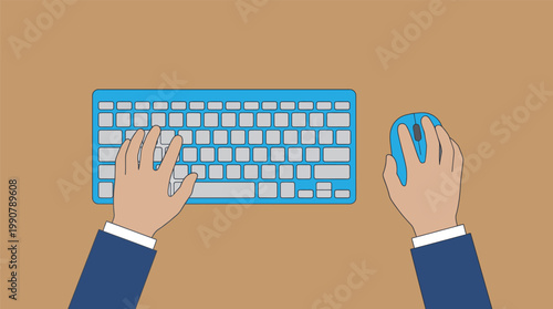 Flat vector illustration of hands typing on a blue computer keyboard and using a mouse, businessman working at office desk, digital workspace concept