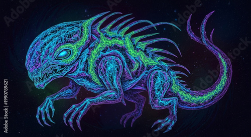 Vibrant neon colored illustration of a futuristic alien creature with glowing blue green and purple hues on a dark background showcasing a unique sci fi inspired monster design