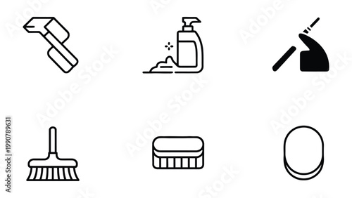 Cleaning Icons: A collection of minimalist, line-drawn icons showcasing essential tools, reflecting cleanliness and orderliness.