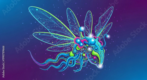 Vibrant dragonfly creature with iridescent wings and glowing eyes flies through a starry night sky with a gradient blue and purple background