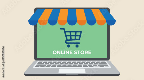 Online store concept on laptop screen, e-commerce shopping cart icon with striped awning, digital marketplace vector illustration for retail business