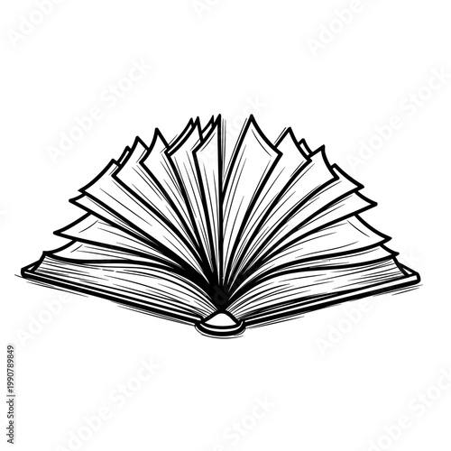 Open book with pages fanned out in black and white illustration  