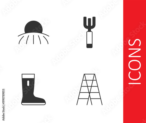 Set Wooden staircase, Sunrise, Waterproof rubber boot and Garden pitchfork icon. Vector