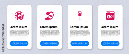 Set Online poker table game, Wine glass, Hand holding casino chips and Football betting money. Business infographic template. Vector