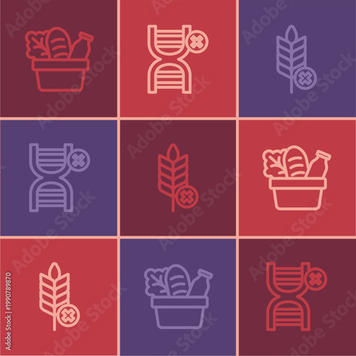 Set line Shopping bag and food, Gluten free grain and No GMO icon. Vector