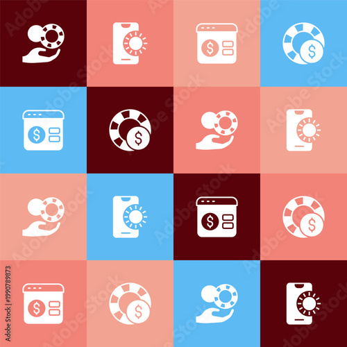 Set pop art Hand holding casino chips, Online sports betting, poker table game and Casino icon. Vector