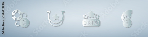 Set Casino chips exchange, Horseshoe, signboard and Hand holding casino. Paper art style. Vector