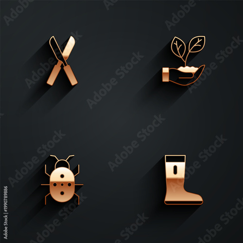Set Gardening scissors, Leaf hand, Colorado beetle and Waterproof rubber boot icon with long shadow. Vector