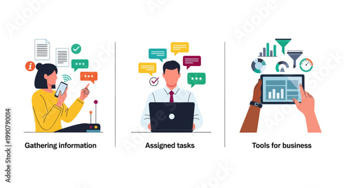 Three modern vector illustrations showing key business processes—collecting information, managing assigned tasks, and using digital tools for operations