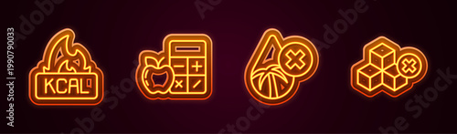 Set line Kcal, Calorie calculator, Palm oil free and No sugar. Glowing neon icon. Vector