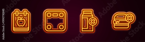 Set line Diet plan, Bathroom scales, Lactose intolerance and No burger. Glowing neon icon. Vector