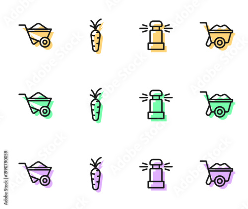 Set line Automatic irrigation sprinklers, Wheelbarrow, Carrot and icon. Vector