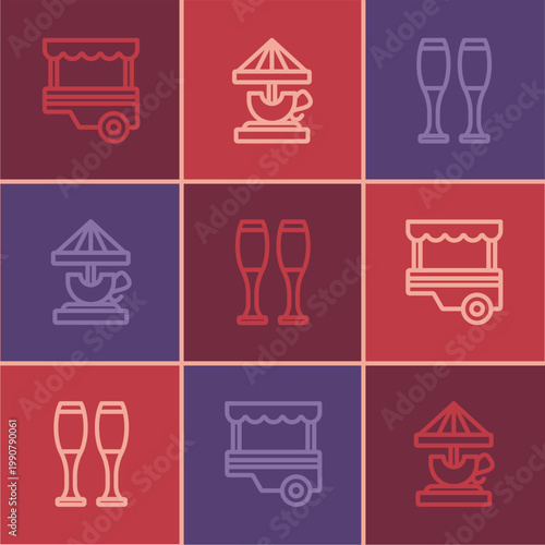 Set line Fast street food cart, Bowling pin and Attraction carousel icon. Vector