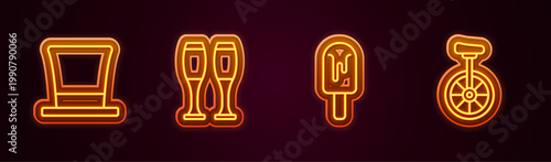 Set line Cylinder hat, Bowling pin, Ice cream and Unicycle. Glowing neon icon. Vector