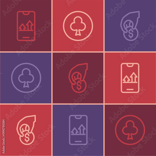 Set line Online sports betting, Hand holding casino chips and Playing card with clubs symbol icon. Vector