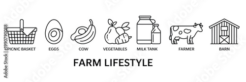 Farm lifestyle line icon set with barn cow milk tank and vegetables