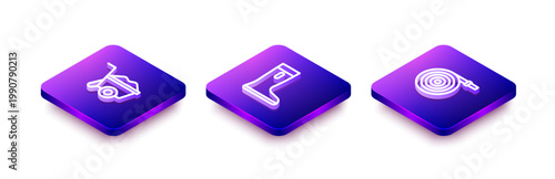 Set Isometric line Wheelbarrow, Waterproof rubber boot and Garden hose icon. Vector
