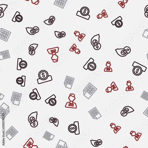 Set line Coin money with dollar, Hand holding casino chips, Lottery ticket and Casino dealer on seamless pattern. Vector