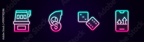 Set line Slot machine, Hand holding casino chips, Game dice and Online sports betting. Glowing neon icon. Vector