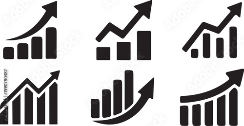 Collection of business growth charts and arrows in black on white background for infographics and presentations