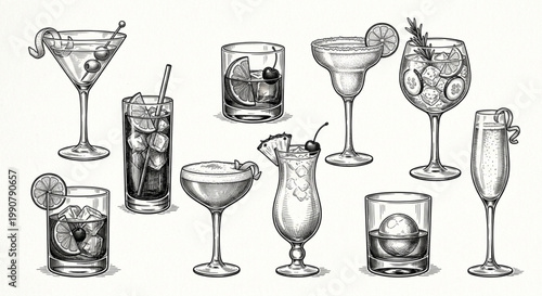 A diverse collection of hand-drawn alcoholic cocktails and refreshing mixed drinks in various elegant glasses, perfect for menu design or bar aesthetics