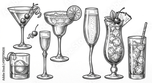 Elegant hand-sketched alcoholic drinks set, featuring a diverse range of classic cocktails for a sophisticated beverage collection