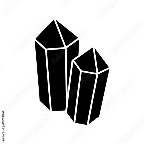 Black and white illustration of two crystal formations on a white background