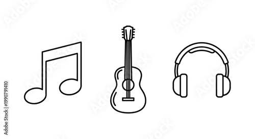 Music note guitar and headphones icon.
