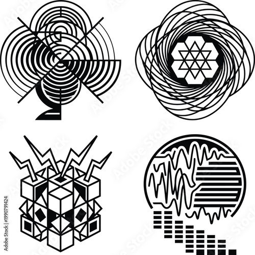 Set of four abstract monochrome geometric designs featuring intricate patterns and high resolution vector textures.
