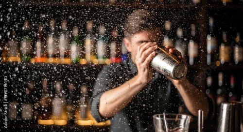 Bartender skillfully shaking a cocktail with ice shards flying in a vibrant bar setting.