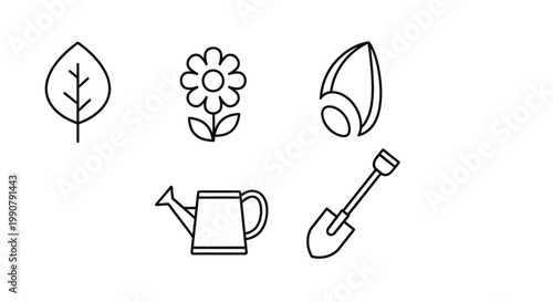 Gardening tools and flower icons.