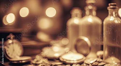 Vintage Pocket Watches and Bottles with Bokeh Lights.