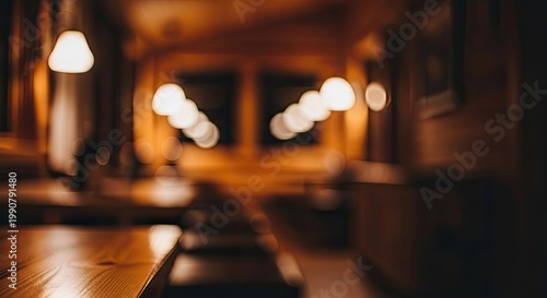Blurred Restaurant Interior with Dim Lighting.
