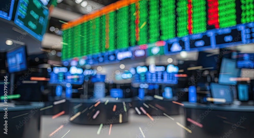 Naklejka premium Blurred Stock Exchange Trading Floor with Digital Screens and Market Data.