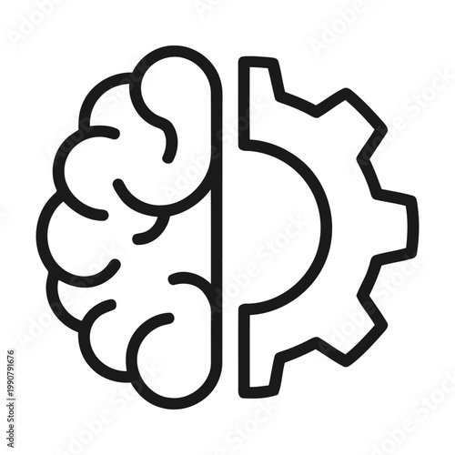 Human brain connected to a gear, linear icon. Mental processing, logical thinking, problem solving, and technical engineering mindset.