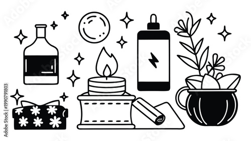 Witchy botanical skincare icons collection with potion bottle moon candle and magic sparkles