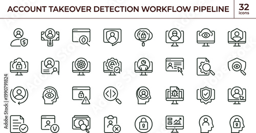 Account takeover detection workflow pipeline outline icon set identity monitoring fraud prevention authentication security interface vector collection toolkit