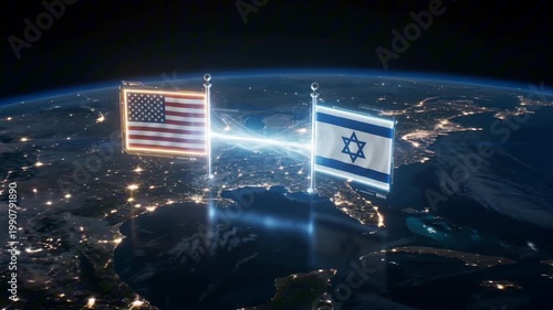 futuristic cinematic video showing a dark global map background with glowing city lights. Floating holographic United States flag and Israel flag appear in 3D space above two regions, connected