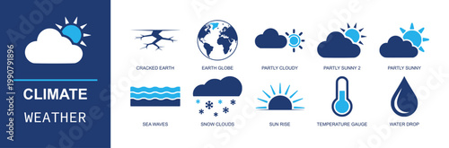 Climate weather icon set. Containing cracked earth, earth globe, partly cloudy, partly sunny, sea waves, snow cloud, sun rise, thermometer, water drop and more. Solid fill vector icons.