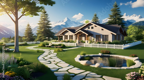 situated amidst breathtaking mountain views, with snow-capped peaks rising in the distance, under a clear blue sky 