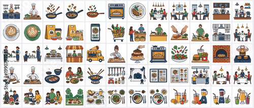A collection of colorful kitchen and home illustrations.