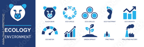 Ecology environment icon set. Containing bear, eco circle, eco footprint, eco growth, eco meter, green growth, green sprout, pine trees, polluting factory and more. Solid fill vector icons.